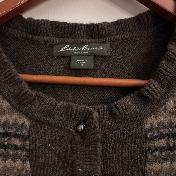 Eddie Bauer Lambswool Fair Isle Cardigan Brown Nordic Cozy Button Front Size M - Picture 3 of 7